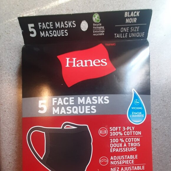 Hanes 5 Pack of Face Masks Black-Soft 3 Ply 100% Cotton Adjustable-Reusable - Picture 1 of 3